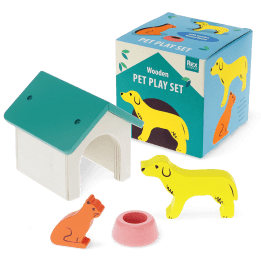 Wooden pet play set with dog, cat, kennel, bowl and illustrated storage box
