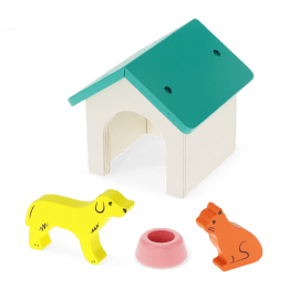 Wooden pet play set with toy dog, cat, kennel and feeding bowl