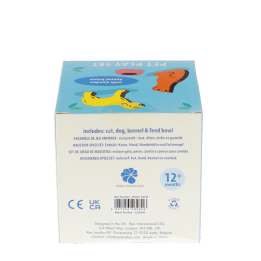 Back of wooden pet play set box with barcode and descriptions