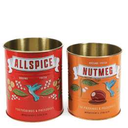 Set of two retro-style storage tins with allspice and nutmeg spice label designs