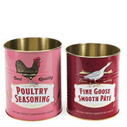 Set of two retro-style storage tins with poultry seasoning and goose pâté designs