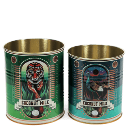 Set of two coconut milk storage tins with tiger and bird illustrations in retro-style designs