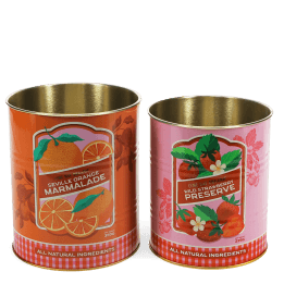 Set of two retro-style storage tins with marmalade and wild strawberry preserve designs