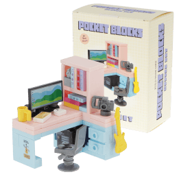 Pocket Blocks office desk building set with miniature computer, chair, shelving and accessories with retail box 