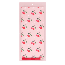 Cherry print magnetic shopping list notepad with pencil and pink backing board