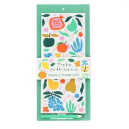 Fruit print magnetic shopping list notepad with colourful botanical design and pencil