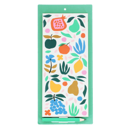 Fruit print magnetic shopping list notepad with colourful botanical design and pencil