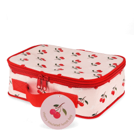 Cherry print insulated lunch bag with red zip fastening and carry handle with tag.