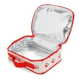 Cherry print insulated lunch bag with red zip fastening and carry handle 
