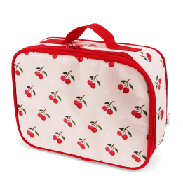 Cherry print insulated lunch bag with red zip fastening and carry handle 