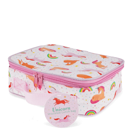 Unicorn print insulated lunch bag with red zip fastening and carry handle with tag.