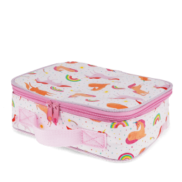 Unicorn print insulated lunch bag with red zip fastening and carry handle.