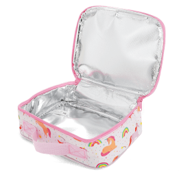 Unicorn print insulated lunch bag with red zip fastening and carry handle.