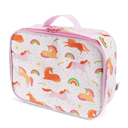 Unicorn print insulated lunch bag with red zip fastening and carry handle.