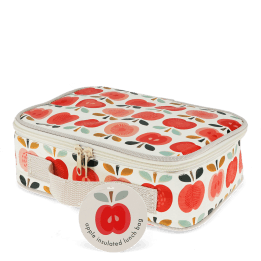 Vintage apple print insulated lunch bag with red zip fastening and carry handle with tag.