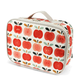 Vintage apple print insulated lunch bag with red zip fastening and carry handle.