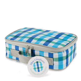 Blue check print insulated lunch bag with red zip fastening and carry handle.