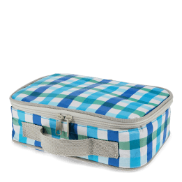 Blue check print insulated lunch bag with red zip fastening and carry handle.