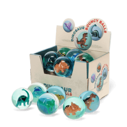 Dinosaur bouncy balls display box with assorted dinosaur figures inside blue bouncy balls