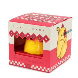 Hand-crank chicken pencil sharpener in retail packaging.