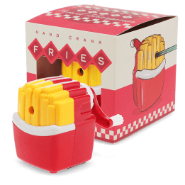 Hand-crank fries-shaped pencil sharpener with red and yellow design and packaging.