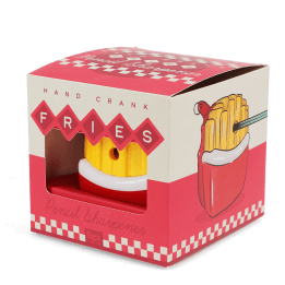 Hand-crank fries-shaped pencil sharpener in retail packaging.