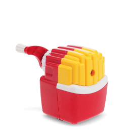 Hand-crank fries-shaped pencil sharpener with red and yellow design 