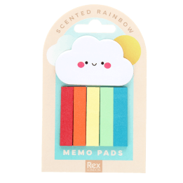 Rainbow memo pads with cloud and six colourful sticky note tabs.