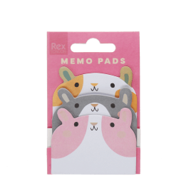 Guinea pig-shaped memo pads featuring three colourful animal designs in pink packaging.
