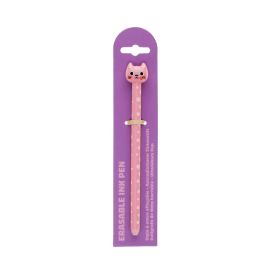 Pink cat-themed erasable ink pen with polka-dot barrel and cat-shaped topper.