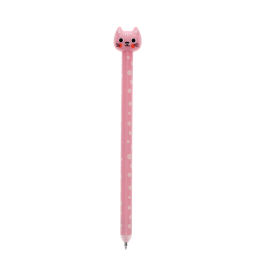 Pink cat-themed erasable ink pen with polka-dot barrel and cat-shaped topper.