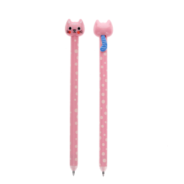 Pink cat-themed erasable ink pen with polka-dot barrel and cat-shaped topper.