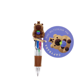 Capybara four-colour pen with clear barrel, brown grip and 3D capybara topper with tag.