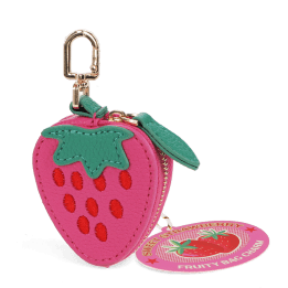 Strawberry-shaped coin purse with zip closure, embroidered seed details and keychain attachment with tag.