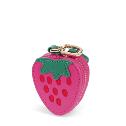 Strawberry-shaped coin purse with zip closure, embroidered seed details and keychain attachment.