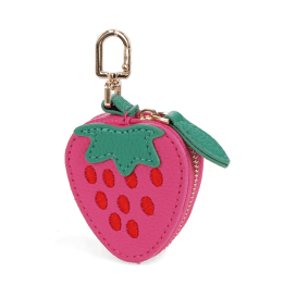 Strawberry-shaped coin purse with zip closure, embroidered seed details and keychain attachment.