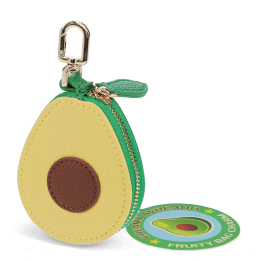 Avocado-shaped coin purse with zip closure and keychain attachment with tag.