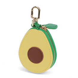 Avocado-shaped coin purse with zip closure and keychain attachment.