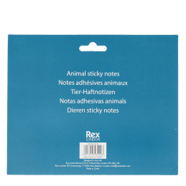 Back view of animal sticky notes packaging with product information and barcode 