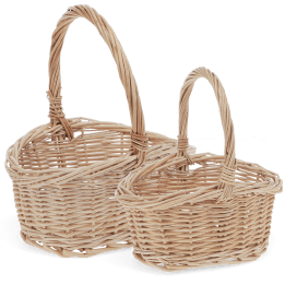 Set of two natural wicker baskets with woven design and carrying handles.