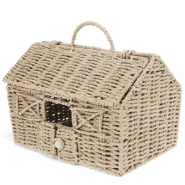 Woven farmhouse-shaped basket with pitched roof, handle and window.