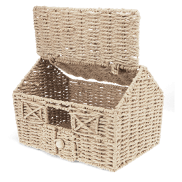 Woven farmhouse-shaped basket with open roof, handle and window.
