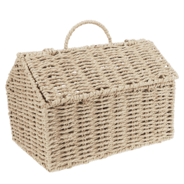 Back view of woven farmhouse-shaped basket with handle.