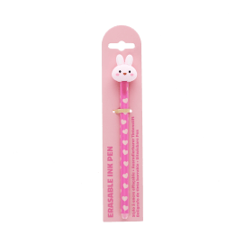 Bunny-themed erasable ink pen with heart-pattern barrel and rabbit-shaped topper in retail card packaging.