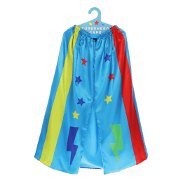 Children's blue superhero cape with colourful stars, lightning bolts 