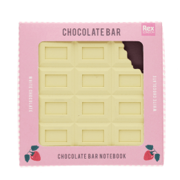 White chocolate bar-shaped notebook in pink packaging with strawberry-themed details.