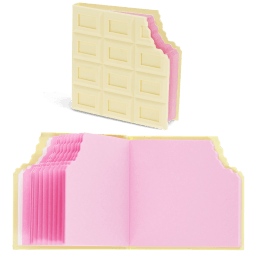 White chocolate bar-shaped notebook shown closed with bite-mark pages and open to reveal pink sheets.