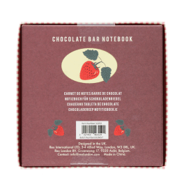 Back of chocolate bar notebook packaging with product details, barcode and strawberry illustration.