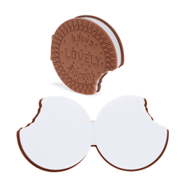 Chocolate biscuit-shaped notebook shown closed and open, revealing bite-shaped white pages.