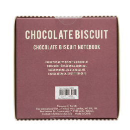 Back of chocolate biscuit notebook packaging with product information, barcode and manufacturer details.